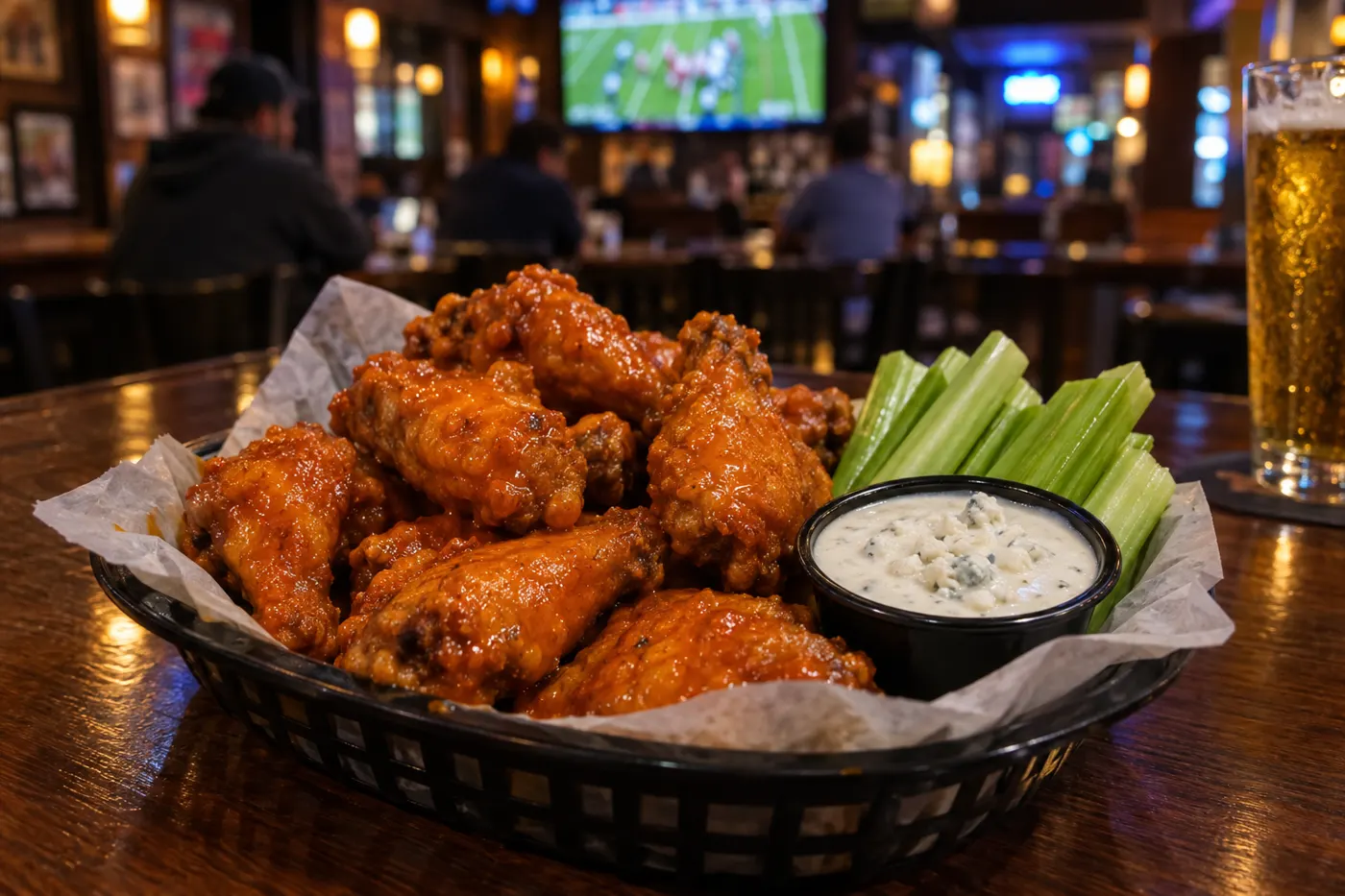 Basket of Buffalo wings with celery and blue cheese